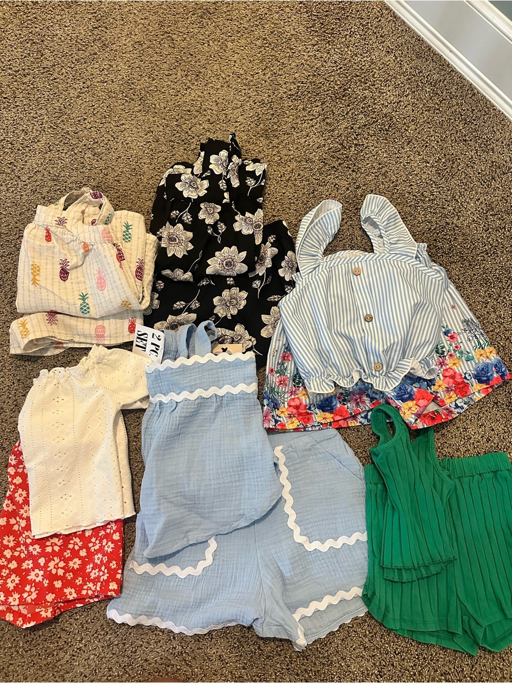 Kids Multicolor Floral & Stripe Summer Outfit Set - Green, Blue, Black, White